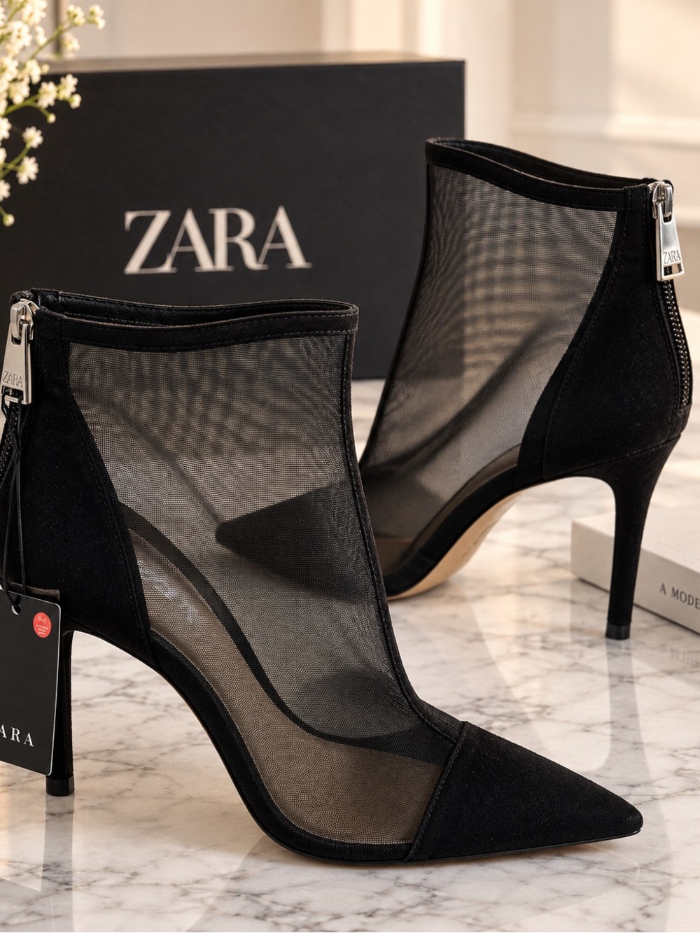 Zara Black Sheer Mesh Pointed Toe Stiletto Ankle Boots Size 37 NWT